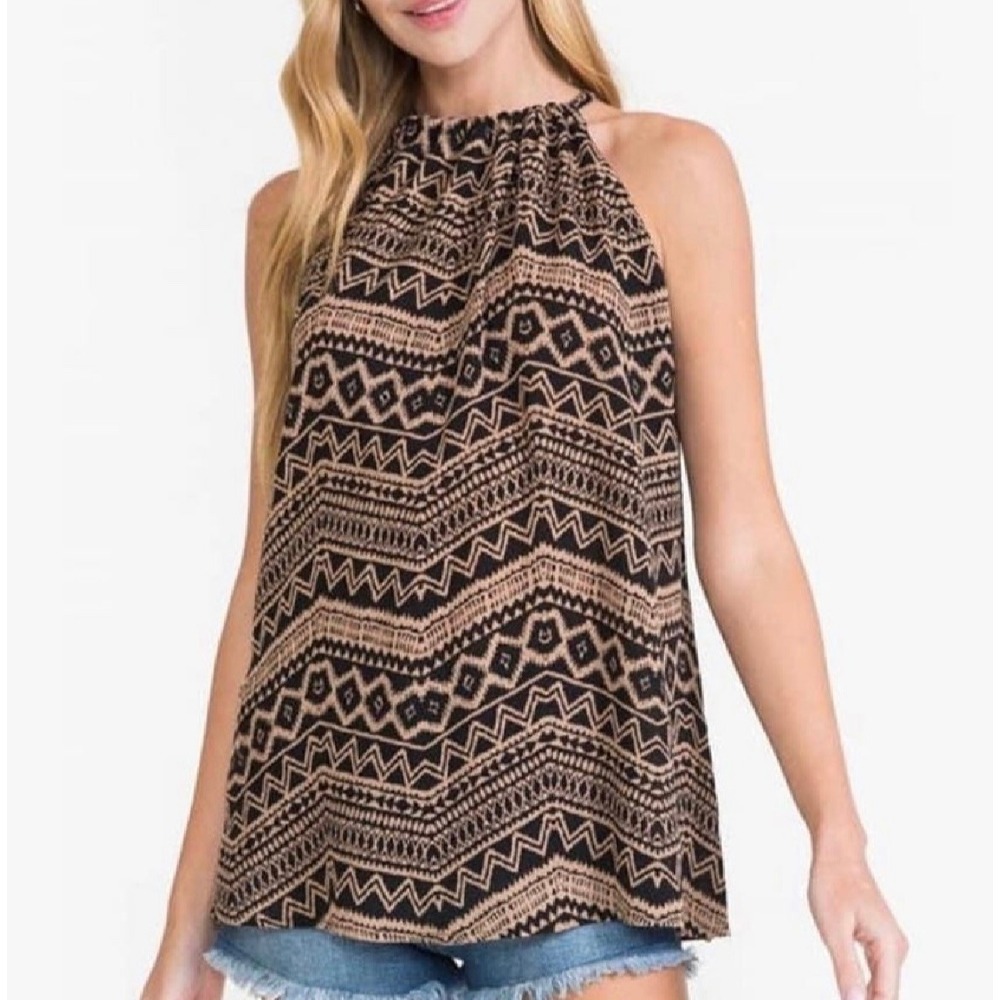 Now N Forever Tank Top Womens 3XL Black Tan Feelin Feisty‎ Aztec Halter Blouse